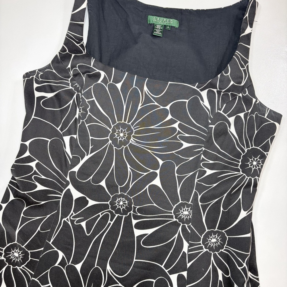 Lauren Ralph Lauren Floral Dress Women Size 12 Black White Fit Flare Sleeveless